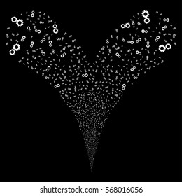 Gears fireworks stream. Vector illustration style is flat white iconic symbols on a black background. Object double fountain constructed from random pictograms.