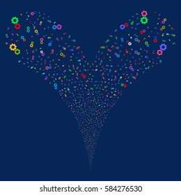 Gears fireworks stream. Vector illustration style is flat bright multicolored iconic symbols on a blue background. Object double fountain organized from random pictograms.