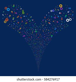 Gears fireworks stream. Vector illustration style is flat bright multicolored iconic symbols on a blue background. Object double fountain organized from random pictographs.