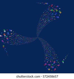 Gears fireworks swirl rotation. Vector illustration style is flat bright multicolored iconic symbols on a blue background. Object twirl created from random pictograms.