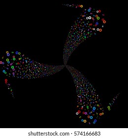 Gears fireworks swirl rotation. Vector illustration style is flat bright multicolored iconic symbols on a black background. Object spiral made from random icons.