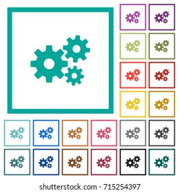 Gears flat color icons with quadrant frames on white background
