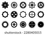 Gears flat icons, factory gear wheel graphic. Black cogs symbols. Progress or service process, work cycle pictogram decent vector elements