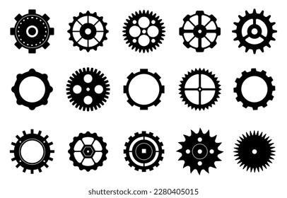 Gears flat icons, factory gear wheel graphic. Black cogs symbols. Progress or service process, work cycle pictogram decent vector elements