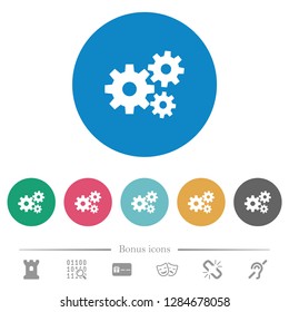 Gears flat white icons on round color backgrounds. 6 bonus icons included.