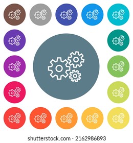 Gears flat white icons on round color backgrounds. 17 background color variations are included.