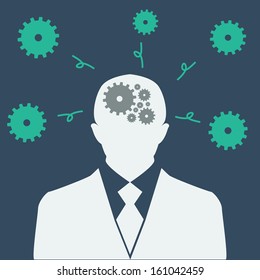 Gears fly out of a man's head. The concept of a tired man.