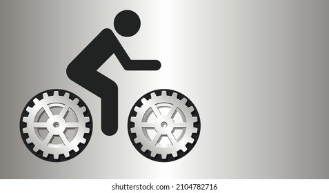 Gears in the form of bicycle wheels and a person riding a bicycle. Business concept for strategy, service, analytics, research, SEO, digital marketing, communication concepts. Copy space. 