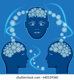 Gears in the form of brain in heads of people, concept for communications, thinking of people, information interchange.
