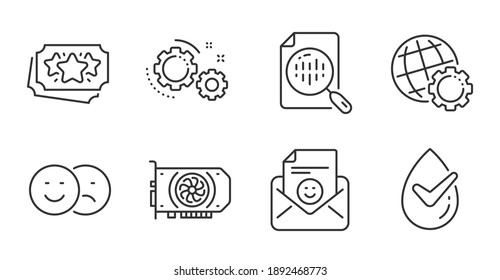 Iconos de línea de puntos Gears, Globe y Loyalty. Como, signos Dermatológicos probados y Sonrisas. Gpu, símbolos de gráficos analíticos. Proceso de trabajo, configuración de Internet, cupón de bonificación. Conjunto de tecnología. Vector