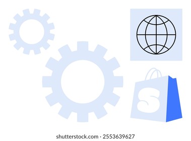 Gears, a globe, and a shopping bag icon create a visual for automation and global shopping. Ideal for e-commerce, technology, global trade, automation, and business. Simple modern style
