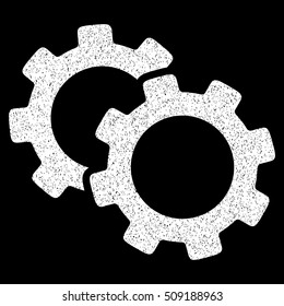 Gears grainy textured icon for overlay watermark stamps. Flat symbol with unclean texture. Dotted vector white ink rubber seal stamp with grunge design on a black background.