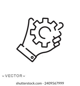 gears in hand, cog mechanism, persistence in process icon, effort hard work, effective operation, business integrate, thin line  sign isolated on white background, editable stroke eps10 vector