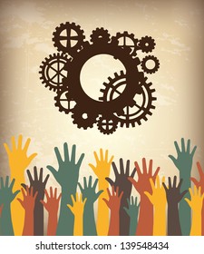 gears and hands over vintage background vector illustration