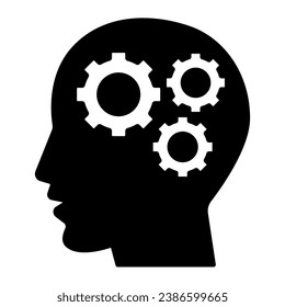 Gears in head solid icon, idea and innovation concept, human mind and three cogs sign on white background, Human head with set of gears icon in glyph style for mobile, web. Vector graphics