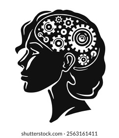 Gears in head of woman. Creation of idea, thought process concept. Education vector illustration