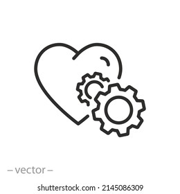 Zahnräder auf Herzsymbol, Ingenieursphilosophie, Liebe zur mechanischen Technologie, Zahnradlebensdauer, Dünnzeilensymbol auf weißem Hintergrund - bearbeitbare Schlaganfall-Vektorgrafik