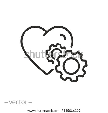 gears in heart icon, engineering passion, love mechanical technology, cog wheel life, thin line symbol on white background - editable stroke vector illustration