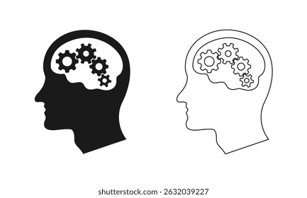 Engranajes en el cerebro humano, pensar, idea y concepto de solución. Ilustración vectorial aislada sobre fondo blanco.