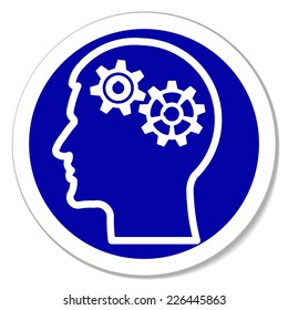  gears in human head -  blue round sticker. Thinking process, intelligence, future, memories,  problems. Vector illustration, you can simply change color