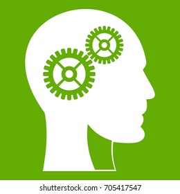 Gears in human head icon white isolated on green background. Vector illustration