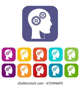 Gears in human head icons set vector illustration in flat style In colors red, blue, green and other
