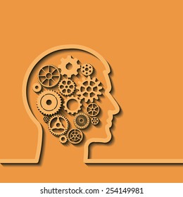 Gears in human head, idea, brain, silhouette. Thinking process, intelligence, future, memories,  problems. Vector illustration, you can simply change color