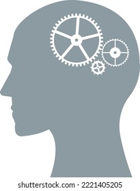 Gears in the human head. Symbol of the thought process, reflection, problem solving.