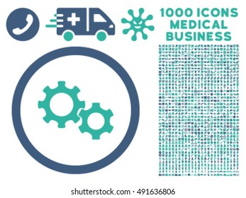 Gears icon with 1000 medical business cobalt and cyan vector pictographs. Design style is flat bicolor symbols, white background.
