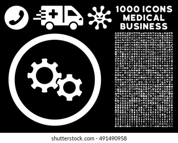 Gears icon with 1000 medical commercial white vector pictographs. Clipart style is flat symbols, black background.