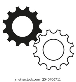 Gears icon. Black and white wheels. Cogwheel shape. Vector machinery.