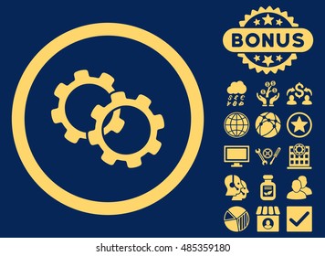 Gears icon with bonus design elements. Vector illustration style is flat iconic symbols, yellow color, blue background.