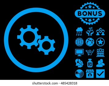 Gears icon with bonus design elements. Vector illustration style is flat iconic symbols, blue color, black background.
