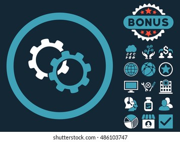 Gears icon with bonus design elements. Vector illustration style is flat iconic bicolor symbols, blue and white colors, dark blue background.