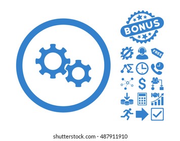 Gears icon with bonus images. Vector illustration style is flat iconic symbols, cobalt color, white background.