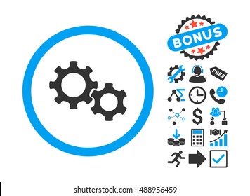 Gears icon with bonus images. Vector illustration style is flat iconic bicolor symbols, blue and gray colors, white background.