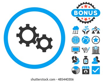 Gears icon with bonus pictogram. Vector illustration style is flat iconic bicolor symbols, blue and gray colors, white background.