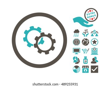 Gears icon with bonus pictogram. Vector illustration style is flat iconic bicolor symbols, grey and cyan colors, white background.