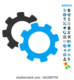 Gears icon with bonus pictograms. Vector style is bicolor flat iconic symbol with rounded angles, blue and gray colors, white background.