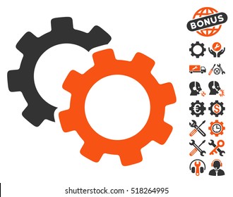 Gears icon with bonus service design elements. Vector illustration style is flat iconic orange and gray symbols on white background.