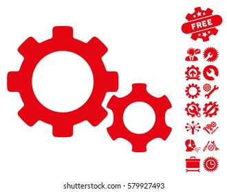 Gears icon with bonus service pictures. Vector illustration style is flat iconic red symbols on white background.