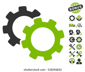 Gears icon with bonus settings icon set. Vector illustration style is flat iconic eco green and gray symbols on white background.