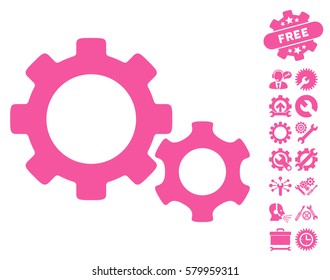 Gears icon with bonus setup tools clip art. Vector illustration style is flat iconic pink symbols on white background.