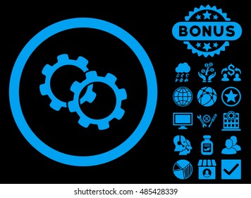 Gears icon with bonus symbols. Vector illustration style is flat iconic symbols, blue color, black background.
