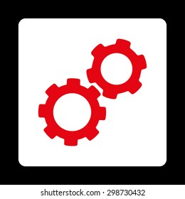Gears icon from Commerce Buttons OverColor Set. Vector style is red and white colors, flat square rounded button, black background.