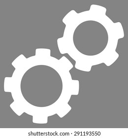 Gears icon from Commerce Set. Vector style: flat symbol, white color, rounded angles, gray background.