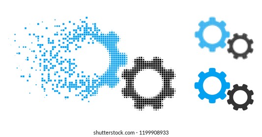 Gears icon in dissolving, dotted halftone and undamaged whole versions. Pieces are composed into vector dissolving gears icon. Disappearing effect involves square points.