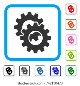 Gears icon. Flat gray iconic symbol inside a light blue rounded frame. Black, gray, green, blue, red, orange color variants of Gears vector. Designed for web and software user interface.