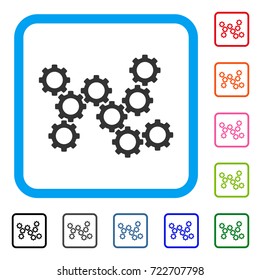 Gears icon. Flat grey iconic symbol in a light blue rounded frame. Black, gray, green, blue, red, orange color versions of Gears vector. Designed for web and software user interface.