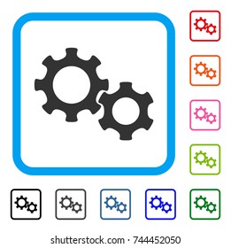 Gears icon. Flat grey iconic symbol in a blue rounded rectangular frame. Black, gray, green, blue, red, orange color versions of Gears vector. Designed for web and app interfaces.